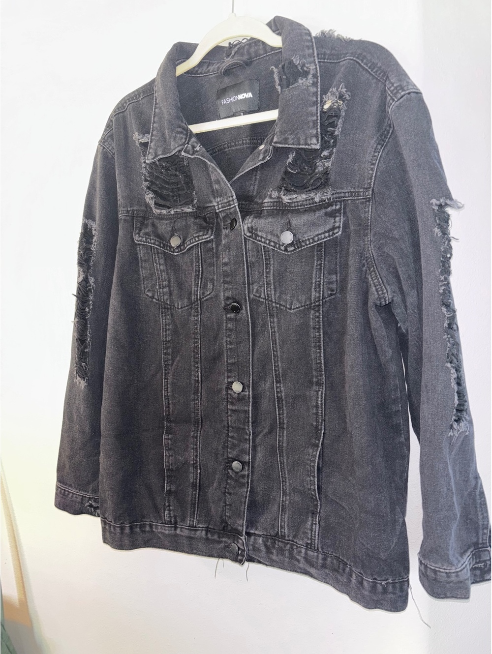 Fashion Nova Black Distressed Shredded Denim Trucker Jacket Plus Size 3X